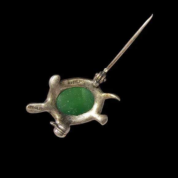 Vintage Germany Turtle Brooch In Sterling Silver With Green Glass And Marcasite - Picture 7 of 10